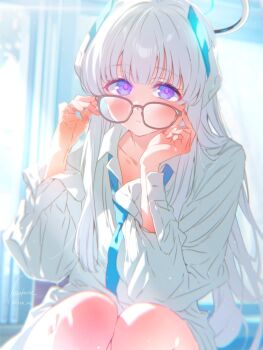 1girl blue_archive blue_necktie blush collarbone collared_shirt commentary glasses halo hands_on_eyewear highres indoors itsk_ne long_hair long_sleeves looking_at_viewer loose_necktie mechanical_halo necktie noa_(blue_archive) purple_eyes shirt sitting solo symbol-only_commentary white_hair white_shirt