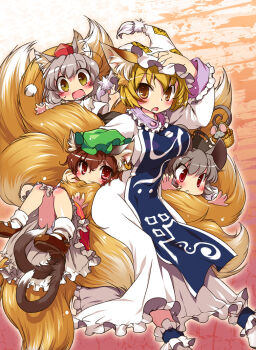 4girls :&lt; :3 animal_ears basket blonde_hair blush brown_hair cat_ears cat_girl cat_tail chen chibi female_focus fox_ears fox_tail grey_hair hat ikuta_takanon inubashiri_momiji mouse_(animal) mouse_ears mouse_tail multiple_girls multiple_tails nazrin nekomata red_eyes silver surcoat tail tokin_hat touhou wolf_ears yakumo_ran yellow_eyes