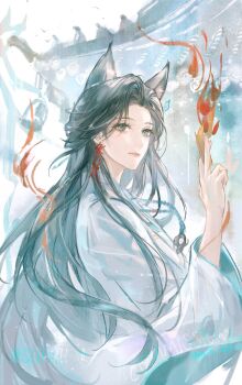 Rule 34 | 1girl, animal ears, between fingers, black hair, chinese clothes, fox ears, fox girl, hand up, hashtag-only commentary, highres, holding, lichen (path to nowhere), long hair, looking up, ofuda, ofuda between fingers, outdoors, path to nowhere, solo, supaii16, upper body, very long hair