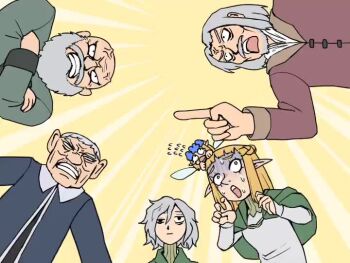 1girl 4boys angry animated bald beard blonde_hair close-up dungeon_meshi dwarf elf facial_hair fairy from_below gnome grey_hair long_hair migime_kasane mithrun mr._tance multiple_boys mustache nervous nervous_sweating open_mouth pattadol pointing pointy_ears sweat sweatdrop tagme veins video yaad_(dungeon_meshi)