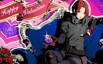 1boy artist_request belt belt_buckle black_belt black_jacket buckle flower gloves grin happy_valentine holding jacket kamishiro_nagisa long_sleeves looking_at_viewer male_focus official_art persona persona_5 persona_5:_the_phantom_x petals red_eyes red_flower red_gloves red_hair red_rose rose short_sleeves sitting smile solo third-party_source valentine wonder_(p5x)
