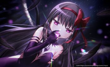 1girl akemi_homura akuma_homura armlet bare_shoulders black_collar black_hair black_wings bow center_opening collar commentary_request copyright_notice covered_mouth cowboy_shot detached_collar dot_nose dress dutch_angle elbow_gloves feather_trim feathered_wings feathers gem gloves glowing_gem hair_bow hairband holding holding_gem jewelry jitome light_particles long_hair mahou_shoujo_madoka_magica mahou_shoujo_madoka_magica:_hangyaku_no_monogatari mahou_shoujo_madoka_magica_magia_exedra official_art purple_dress purple_eyes purple_gem purple_gloves red_bow red_hairband second-party_source side_slit sidelocks solo soul_gem space spread_legs straight-on strapless strapless_dress very_long_hair wide_spread_legs wings