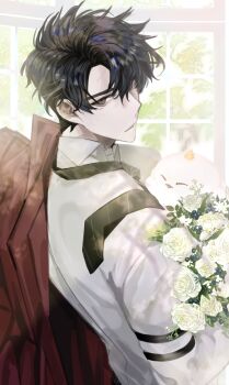 Rule 34 | 1boy, absurdres, aegyo sal, black eyes, black hair, black necktie, bouquet, collared shirt, commentary request, curtained hair, flower, hayu beck, highres, jacket, jacket over shoulder, korean commentary, looking at viewer, looking back, male focus, necktie, omniscient reader's viewpoint, parted lips, red jacket, rose, shirt, short hair, solo, unworn jacket, upper body, white flower, white rose, white shirt, yoo joonghyuk