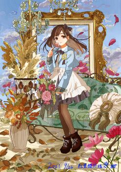 Rule 34 | 1girl, absurdres, badge, belt, belt buckle, black bow, blue jacket, blue sky, boots, bouquet, bow, bowtie, brown boots, brown eyes, brown flower, brown hair, buchi (qooo003), buckle, chandelier, cloud, commentary request, couch, cropped jacket, dated, dress, earrings, flower, frilled skirt, frills, full body, hair bow, hanabasami kyou, highres, holding, holding bouquet, holding flower, jacket, jewelry, long hair, long sleeves, looking at viewer, pantyhose, petals, pillow, plant, potted plant, re:act, red flower, skirt, sky, smelling, smelling flower, smile, solo, standing, virtual youtuber, white dress