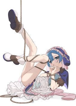 1boy 1girl blue_eyes blue_hair blush bound bound_wrists capelet commentary dress frilled_dress frilled_hairband frills hairband highres looking_at_viewer made_in_abyss male_focus maruruk parted_lips pouch purple_capelet purple_hairband rope shoes simple_background solo sweat tears trap umashio_potechi-san white_background white_dress