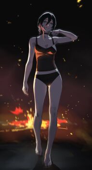 1girl bare_legs bare_shoulders barefoot black_choker black_hair black_panties black_tank_top breasts chainsaw_man choker commentary feet fire green_eyes highres legs m_alexa night panties reze_(chainsaw_man) short_hair small_breasts solo tank_top toes underwear