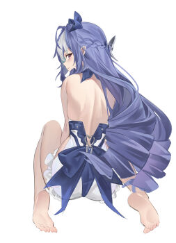 1girl absurdres angel_no_shousou ass backless_swimsuit bare_back barefoot chinese_commentary commentary_request drill_hair from_behind highres long_hair looking_at_viewer looking_back multicolored_hair official_alternate_costume one-piece_swimsuit parted_lips pointy_ears purple_hair red_eyes simple_background sitting soles solo streaked_hair swimsuit two-tone_hair vivian_banshee vivian_banshee_(iris_of_the_shore) wariza white_background white_hair white_one-piece_swimsuit zenless_zone_zero