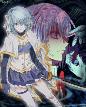 Rule 34 | 1girl, aayoii 00, abstract background, bandage over one eye, bandaged head, bandaged leg, bandages, belt, blue eyes, blue gloves, blue hair, blue skirt, bow, cape, collared cape, fortissimo, frilled shirt, frills, gloves, hair bow, hair ornament, hair over one eye, hairclip, highres, holding, holding scalpel, holding sword, holding weapon, magical girl, mahou shoujo madoka magica, mahou shoujo madoka magica: walpurgis no kaiten, miki sayaka, miki sayaka (magical girl), miniskirt, mitakihara school uniform, multiple views, musical note, musical note hair ornament, nervous, nervous sweating, one eye covered, pleated skirt, profile, red bow, ribbon, saber (weapon), scalpel, school uniform, shaded face, shirt, short hair, single thighhigh, skirt, strapless, strapless shirt, sweat, sword, thighhighs, weapon, white bow, white cape, white thighhighs