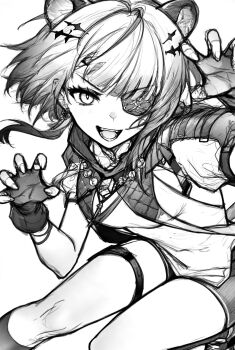 Rule 34 | 1girl, animal ears, arknights, arknights: endfield, arm up, claw pose, commentary request, earrings, ebiten (pixiv 24714637), eyepatch, fingerless gloves, gloves, greyscale, hair ornament, hand up, highres, jewelry, kneehighs, looking at viewer, monochrome, one eye covered, open mouth, partial commentary, short hair, simple background, sketch, socks, solo, tangtang (arknights), thigh strap, white background