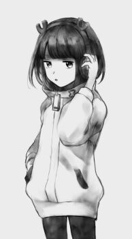 1girl adjusting_headphones blunt_bangs commentary_request cowboy_shot greyscale hand_in_pocket headphones highres jitome jitomi_monoe long_sleeves looking_at_viewer magnet monochrome parted_lips sakomdms simple_background solo standing two-tone_sweater virtual_youtuber voms white_background zipper zipper_pull_tab