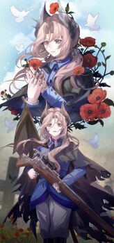 1girl absurdres bird black_cape blue_jacket blue_sky cape closed_mouth commission cowboy_shot cropped_torso flower grey_eyes grey_hair gun hair_ornament hands_up highres holding holding_gun holding_weapon jacket looking_at_hand looking_at_viewer low_ponytail military_uniform mofa_shaonu_yuan multiple_views own_hands_together pants petrification ponytail poppy_(flower) red_flower reverse:1999 rifle second-party_source sentinel_(reverse:1999) side_cape sky torn_cape torn_clothes weapon white_bird white_pants