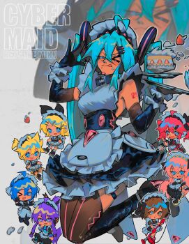 3boys 5girls absurdres ahoge apron aqua_hair bare_shoulders black_dress blonde_hair blue_eyes blue_hair brown_hair cake character_name commentary detached_sleeves dress english_commentary food frilled_wrist_cuffs frills hair_ornament hairclip hatsune_miku highres holding holding_tray jumping kagamine_len kagamine_rin kaito_(vocaloid) kamui_gakupo kasane_teto long_hair looking_at_viewer maid maid_apron megurine_luka meiko_(vocaloid) multiple_boys multiple_girls number_tattoo one_eye_closed parallel_hairclips pink_hair purple_hair red_hair sainttufa short_hair shoulder_tattoo sidelocks sleeveless sleeveless_dress tattoo tongue tongue_out tray utau very_long_hair vocaloid voiceroid white_apron wrist_cuffs zoom_layer