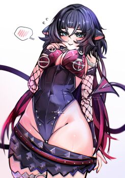 1girl animal_ears black_hair black_one-piece_swimsuit black_sarong blue_hair blush breast_curtains breasts cameltoe cleavage commentary covered_navel cowboy_shot english_commentary fishnet_sleeves fishnets flying_sweatdrops highres jane_doe_(nocturne_of_light)_(zenless_zone_zero) jane_doe_(zenless_zone_zero) ketari large_breasts leather_leotard long_hair looking_at_viewer mouse_ears mouse_girl mouse_tail multicolored_hair o-ring o-ring_swimsuit official_alternate_costume one-piece_swimsuit parted_lips red_hair red_nails red_one-piece_swimsuit sarong sharp_tail simple_background smile solo spoken_blush sweat swimsuit tail thigh_strap two-tone_one-piece_swimsuit white_background zenless_zone_zero