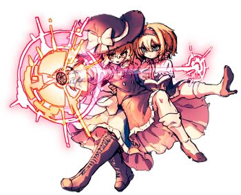 Rule 34 | 2girls, absurdres, alice margatroid, back bow, black dress, black hat, black vest, blonde hair, blue eyes, book, boots, bow, braid, brown boots, buttons, capelet, dress, hair bow, hairband, hat, hat bow, high heels, highres, holding, holding book, kirisame marisa, mini-hakkero, multiple girls, rampa93, red hairband, simple background, single braid, sitting, sitting on lap, sitting on person, socks, touhou, vest, white background, white bow, white capelet, white socks, witch hat, yellow eyes