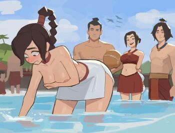 2boys 2girls 2others absurdres amugea areola_slip avatar:_the_last_airbender avatar_legends azula bare_shoulders bikini blush braid breasts brown_eyes brown_hair cleavage cloud collarbone covering_breasts covering_privates day embarrassed hair_tubes highres large_breasts leaning_forward long_hair medium_breasts multiple_boys multiple_girls multiple_others muscular navel nipple_slip nipples nose_blush open_mouth outdoors ponytail raised_eyebrow raised_eyebrows sarong short_hair sidelocks single_braid single_hair_tube sky smile standing stolen_clothes swimsuit thighs topless_female ty_lee wading wardrobe_malfunction water white_bikini white_sarong