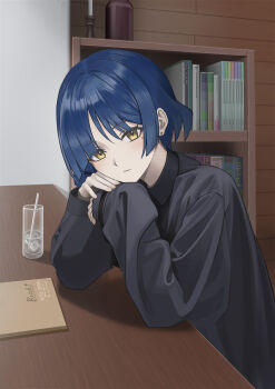 1girl absurdres bad_id bad_pixiv_id black_shirt blue_hair bocchi_the_rock! bookshelf closed_mouth elbow_rest from_side glass highres kit long_sleeves looking_at_viewer mole mole_under_eye notebook pov_across_table shirt short_hair solo upper_body yamada_ryo yellow_eyes