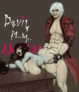 1boy 1girl ass ass_ripple bent_over black_hair breasts dante_(devil_may_cry) devil_may_cry devil_may_cry_(series) devil_may_cry_4 highres huge_breasts lady_(devil_may_cry) namespace nipples phone red_eyes sex sex_from_behind thick_thighs thighs
