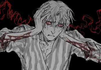 Rule 34 | 1boy, blood, blood on clothes, bloodshot eyes, chest hair, constricted pupils, crying, crying with eyes open, hands on own head, highres, male focus, original, partially open shirt, revol4357, self-harm, shirt, short hair, sleeves rolled up, solo, striped clothes, striped shirt, tears, upper body, wide-eyed, wrist cutting