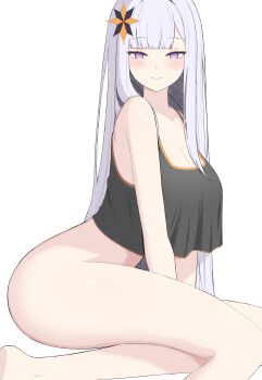 1girl absurdres arched_back bare_arms bare_legs bare_shoulders barefoot black_camisole blue_pupils blunt_bangs blush bottomless breasts camisole cleavage closed_mouth collarbone commentary crop_top crop_top_overhang crossed_legs curvy dot_nose feet_out_of_frame hair_ornament hands_on_lap highres large_breasts long_hair long_sidelocks looking_at_viewer nitsuhen purple_eyes re:zero_kara_hajimeru_isekai_seikatsu satella_(re:zero) sidelocks simple_background sitting smile solo spaghetti_strap split_mouth straight_hair swept_bangs thighs turning_head very_long_hair white_background yokozuwari