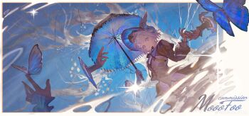 1girl absurdres black_dress black_ribbon blue_bonnet blue_butterfly blue_eyes blue_sky blue_umbrella bonnet breasts bug butterfly collar corset cross-laced_clothes cross-laced_corset disembodied_hand double-parted_bangs dress frilled_collar frilled_hairband frills from_below grey_corset hair_intakes hairband highres holding holding_umbrella insect long_sleeves looking_at_reflection mooofoo neck_ribbon original portal_(object) puffy_sleeves reflection reflective_liquid ribbon ripples sky small_breasts solo umbrella water watermark weibo_username weibo_watermark white_hair wing_ornament