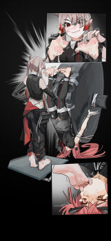 2girls absurdres arknights barefoot black_horns black_nails black_pants black_shirt bound colored_tips cross-shaped_pupils detached_leggings er_ling_balu feet gloves grey_eyes grey_hair grey_horns grey_skirt highres horns multicolored_hair multiple_girls nadin_(arknights) nail_polish pants pink_hair red_nails red_pupils restrained scar scar_on_face shirt skirt sweat symbol-shaped_pupils tickle_torture tickling tickling_feet toe_sucking toenail_polish toenails toes twintails ulsulah_(arknights) white_gloves yellow_eyes yuri