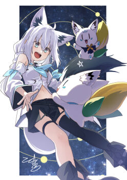 Rule 34 | 1girl, ahoge, animal ear fluff, animal ear piercing, animal ears, ankle boots, aqua eyes, aqua neckerchief, asymmetrical legwear, belt, belt buckle, black belt, black shorts, boots, border, braid, breasts, buckle, center opening, cleavage, commentary request, crossed bangs, detached sleeves, double-parted bangs, drawstring, fox ears, fox girl, fox tail, front slit, galaxy background, highres, hololive, hood, hood down, hooded vest, hoodie, long hair, looking at creature, midriff peek, navel, neckerchief, open mouth, paneled background, pentagram, shirakami fubuki, shirakami fubuki (1st costume), short shorts, shorts, side braid, signature, simple background, single braid, single thighhigh, sleeve bow, solo, sukonbu (shirakami fubuki), tail, teeth, thigh strap, thighhighs, tokumaro, upper teeth only, vest, virtual youtuber, white border, white hair, white vest, wide sleeves
