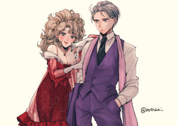 Rule 34 | 1boy, 1girl, alternate costume, aqua eyes, arm on another's shoulder, black necktie, breasts, character request, check character, check copyright, cleavage, commentary request, copyright request, cowboy shot, curly hair, dragon quest, dragon quest iii, dress, formal clothes, fur-trimmed dress, fur trim, gadabout (dq3), gloves, hand on another's arm, hands in pockets, jewelry, large breasts, long hair, looking at viewer, looking to the side, merami, necklace, necktie, off shoulder, pants, pink scarf, purple pants, purple vest, red dress, scarf, shirt, short hair, smile, thief (dq3), twitter username, vest, white background, white gloves, white hair, white shirt