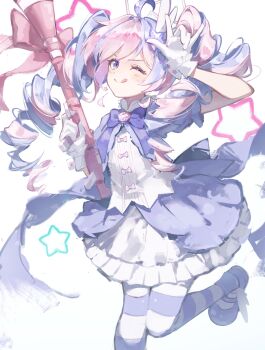 1girl ;q absurdres ahoge arm_up blue_archive blush closed_mouth commentary_request dress foot_out_of_frame frilled_dress frills fuunyon gloves halo highres holding holding_rocket_launcher holding_weapon long_hair multicolored_hair official_alternate_costume one_eye_closed pantyhose pink_hair purple_dress purple_eyes purple_hair purple_pantyhose purple_shoes reisa_(blue_archive) reisa_(magical)_(blue_archive) rocket_launcher rpg rpg-7 rpg_(weapon) shoes short_sleeves simple_background smile solo standing standing_on_one_leg star_halo striped_clothes striped_pantyhose tongue tongue_out twintails two-tone_hair weapon white_background white_gloves