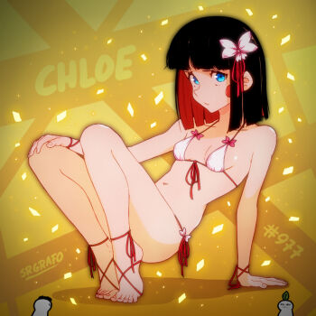 1girl 2boys arm_support artist_name artist_self-insert barefoot barefoot_sandals_(jewelry) bikini black_hair blue_eyes blunt_bangs blunt_ends blush_stickers bob_cut bow bow_bikini breasts character_name chloe_(srgrafo) collarbone colored_inner_hair flower front-tie_bikini_top front-tie_top hair_flower hair_ornament hair_ribbon hand_on_own_knee looking_at_viewer medium_hair multicolored_hair multiple_boys navel original parted_lips pink_bikini pink_flower red_hair red_ribbon ribbon small_breasts srgrafo swimsuit wristband yellow_background
