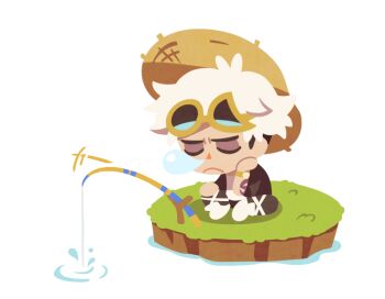 1boy arm_tattoo black_pants black_shirt closed_eyes closed_mouth eyewear_on_head fishing fishing_rod frown grass guzma_(pokemon) hand_on_own_face hand_on_own_knee hat head_rest knee_up male_focus nintendo nose_bubble pants pokemon pokemon_sm ripples shirt simple_background sitting sleeping solo ssalbulre straw_hat sunglasses tattoo triangle_nose water_drop white_background white_hair yellow-framed_eyewear