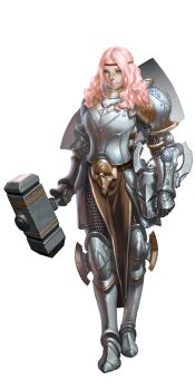 1girl armor artist_request bad_source breasts chainmail closed_mouth crystal_maiden_(series) eli_(crystal_maidens) full_body game_cg hammer highres holding holding_hammer holding_weapon knight official_art pink_hair shield shield_on_back solo transparent_background variant_set weapon yellow_eyes