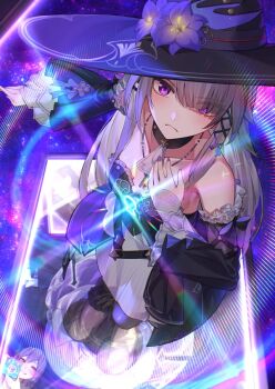 1girl ascot black_dress black_pantyhose boots breasts detached_sleeves dress flower hair_ornament hat hat_flower herta_(honkai:_star_rail) honkai:_star_rail honkai_(series) long_hair pantyhose the_herta_(honkai:_star_rail) x_hair_ornament