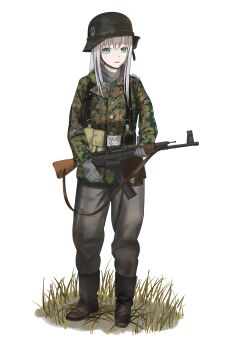 1girl absurdres ammunition_pouch aqua_eyes assault_rifle belt_buckle black_boots black_helmet boots brown_jacket buckle buttons camouflage camouflage_jacket combat_helmet commentary dated_commentary english_commentary faux_figurine full_body gloves grass green_jacket grey_gloves grey_pants gun gun_sling helmet highres holding holding_gun holding_weapon jacket lapels load_bearing_equipment long_hair long_sleeves looking_at_viewer military military_combat_uniform military_jacket military_uniform multicolored_jacket nazi neck_warmer open_mouth original pants pants_tucked_in pouch reichsadler ribben rifle siegrunen simple_background soldier solo ss_insignia stahlhelm standing stg44 waffen-ss weapon white_background white_hair woodland_camouflage world_war_ii
