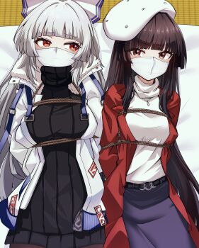 2girls absurdres alternate_costume bdsm beret black_sweater blunt_bangs bondage bound breasts cloth_gag coat fujiwara_no_mokou gag gagged glaring hat highres houraisan_kaguya improvised_gag jacket kikoka_(mizuumi) long_hair lying multiple_girls open_clothes open_jacket over_the_nose_gag red_coat red_eyes rope shibari sweater touhou touhou_lostword white_hair white_hat white_jacket
