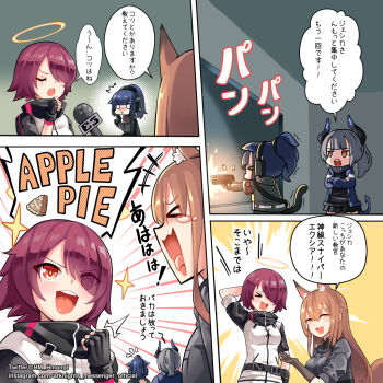 4girls angel_wings animal_ears arknights blonde_hair blue_hair commentary english_commentary english_text exusiai_(arknights) eyes_visible_through_hair firing fox_ears franka_(arknights) grey_hair halo hm_(hmongt) horns interview jessica_(arknights) laughing liskarm_(arknights) microphone multiple_girls red_hair shooting_range tearwell watermark web_address wings