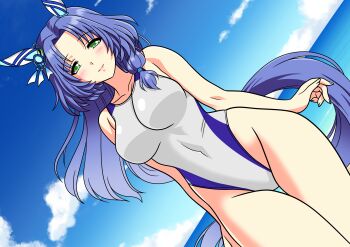 1girl animal_ears blue_hair breasts commentary_request competition_swimsuit covered_navel dutch_angle ear_covers godolphin_barb_(umamusume) gradient_hair green_eyes highleg highleg_one-piece_swimsuit highres horse_ears horse_girl horse_tail large_breasts long_hair multicolored_hair one-piece_swimsuit solo swimsuit tail thigh_gap two-tone_swimsuit umamusume white_one-piece_swimsuit yuuyuu_(3jjbn)