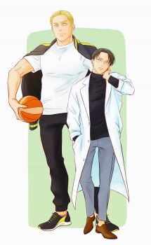 2boys alternate_costume arm_up ball basketball black_pants blonde_hair brown_hair commentary_request erwin_smith full_body glasses grey_pants hand_in_pocket hand_on_own_neck highres holding holding_ball ikichi8tkjn jacket jacket_on_shoulders lapels levi_(shingeki_no_kyojin) long_sleeves looking_at_another looking_to_the_side male_focus multiple_boys notched_lapels pants parted_hair shingeki_no_kyojin shirt short_hair sideways_glance sleeve_cuffs standing thick_hair turtleneck white_shirt