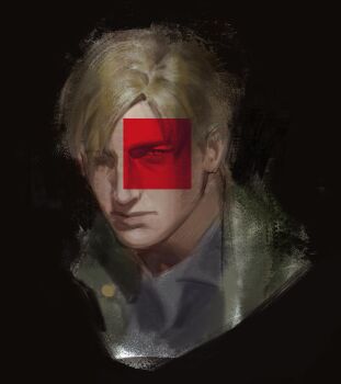 1boy blonde_hair closed_mouth commentary cropped_head expressionless hashtag-only_commentary highres james_sunderland looking_at_viewer male_focus plazmch short_hair silent_hill_(series) silent_hill_2 silent_hill_2_(remake) simple_background solo