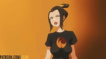 1girl animated animated_gif avatar:_the_last_airbender avatar_legends azula black_hair black_shirt bouncing_breasts breasts breasts_apart brown_eyes commentary covered_erect_nipples flou_(flou_art) gradient_background hair_bun jiggle large_breasts light_smile lips lipstick looking_at_viewer looping_animation makeup no_bra orange_background shirt short_hair single_hair_bun skirt solo