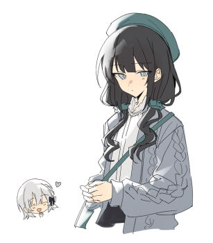 2girls beret black_hair black_hat book_off cardigan closed_mouth green_hat grey_cardigan grey_eyes hat heart highres kurobe_nanoka kurobe_nanoka&#039;s_sister long_hair long_sleeves looking_at_viewer low_twintails mahou_shoujo_no_majo_saiban multiple_girls official_alternate_costume shirt siblings simple_background sisters solo_focus spoilers twintails white_background white_shirt wuubaiwan