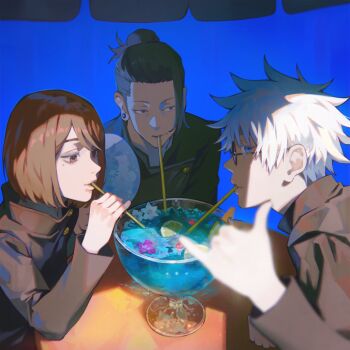 1girl 2boys absurdres black_eyes black_hair black_jacket blue_background blue_eyes brown_eyes brown_hair closed_mouth cup drinking_straw drinking_straw_in_mouth ear_piercing getou_suguru gojou_satoru hair_bun hair_pulled_back hand_up highres ieiri_shoko jacket jujutsu_kaisen jujutsu_tech_uniform kyuuba_melo long_sleeves mole mole_under_eye multiple_boys piercing profile round_eyewear school_uniform shaka_sign shared_drink short_hair sunglasses table upper_body white_hair