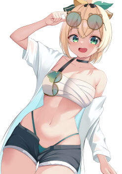 1girl absurdres arm_up bikini bikini_bottom_only black_choker blonde_hair blue-tinted_eyewear blue_bikini breasts chest_sarashi choker collarbone commentary_request cowboy_shot crossed_bangs double-parted_bangs eyewear_on_head green_eyes hair_between_eyes highleg highleg_bikini highres hololive kazama_iroha looking_at_viewer medium_breasts navel open_mouth ramkilog round_eyewear sarashi shirt shirt_partially_removed short_hair short_shorts shorts simple_background smile solo stomach sunglasses swimsuit tinted_eyewear virtual_youtuber white_background white_shirt