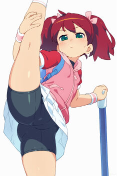 1girl annoyed arm_support bike_shorts blush bow cleft_of_venus coat fat_mons frown gluteal_fold green_eyes hair_bow highres leg_lift leg_up loli looking_at_viewer om_(nk2007) pink_bow pink_coat red_hair saru_getchu sayaka_(saru_getchu) short_sleeves shorts shorts_under_skirt solo split standing standing_on_one_leg standing_split twintails wristband