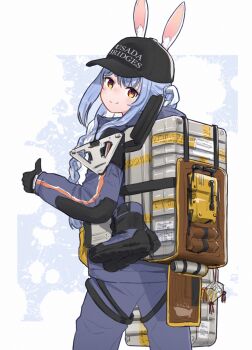 Rule 34 | 1girl, animal ears, baseball cap, black gloves, black hat, blue hair, boots, braid, commentary, death stranding, death stranding 2: on the beach, from behind, gloves, hat, hat writing, highres, hololive, long hair, long sleeves, looking at viewer, looking back, multicolored hair, orange eyes, rabbit ears, rabbit girl, simple background, smile, solo, thumbs up, two-tone hair, unworn boots, usada pekora, virtual youtuber, waneyeye, white hair