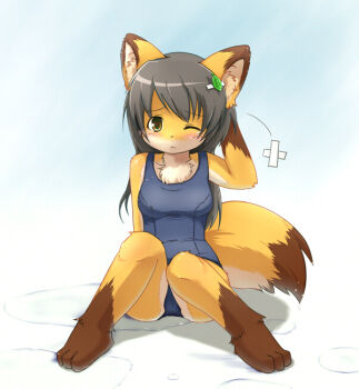 Rule 34 | 1girl, animal ears, animal hands, barefoot, blush, female focus, fox, fox ears, fox tail, full body, furry, furry female, gradient background, grey hair, hair ornament, hairclip, kagerofu, leaf, long hair, one-piece swimsuit, one eye closed, pain, school swimsuit, sitting, solo, swimsuit, tail, tears, wet, wink, yellow eyes