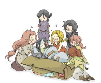 Rule 34 | 6+boys, amputee, amras, amrod, anger vein, angry, black hair, blonde hair, bow, box, brothers, caranthir, cardboard box, celegorm, chibi, curufin, duct tape, elf, full body, long hair, low ponytail, maedhros, maglor, male focus, messy hair, multiple boys, no eyes, parted bangs, pink bow, pink hair, pixiv id 1298298, pointy ears, ponytail, red hair, siblings, sweat, sweatdrop, the silmarillion, tied up (nonsexual), tolkien's legendarium, twins