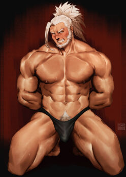 1boy abs artist_name bara beard biceps blush borrowed_character briefs bulge clenched_teeth commentary commission english_commentary facial_hair final_fantasy final_fantasy_xiv high_ponytail large_pectorals looking_at_viewer male_focus male_underwear muscular muscular_male nipples pectorals ponytail roegadyn scar scar_on_face scar_on_nose signature solo squatting sweat teeth thick_beard thick_thighs thighs underwear warrior_of_light_(ff14) white_hair zink_(zink_mchn)