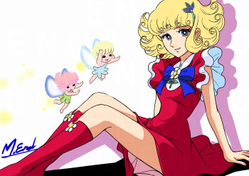 3girls absurdres artist_name blonde_hair blue_bow blue_bowtie blue_dress blue_eyes boots bow bowtie brooch closed_mouth commentary_request dress drop_shadow fairy fairy_wings flower flower_brooch flying footwear_flower frilled_dress frills green_dress hair_ornament hana_no_ko_lunlun highres jewelry lunlun masaaki_endo medium_hair multiple_girls open_mouth parted_lips pink_hair red_boots red_dress signature sitting smile white_background white_flower wings