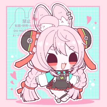 1girl ahoge animal_ear_fluff animal_ear_piercing animal_ears animal_feet anklet black_eyes blush border braid braided_twintails checkered_background chibi chibi_only commentary_request full_body furry furry_female green_background green_shirt heart highres jewelry long_hair maiya0413_t multicolored_eyes open_mouth outline pink_border pink_fur pink_hair rabbit_ears rabbit_girl red_eyes screw shirt short_eyebrows solo thick_eyebrows white_outline zenless_zone_zero zhao_(zenless_zone_zero)