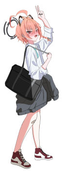 1girl :o ahoge animal_ear_fluff animal_ear_hairband animal_ears bag bandaid bandaid_on_knee bandaid_on_leg bilingual_commentary blue_archive blush braid cardigan cardigan_around_waist cat_ear_hairband cat_ears clothes_around_waist earrings fake_animal_ears fingernails grey_cardigan hairband halo highres huge_ahoge jewelry korean_commentary looking_at_viewer looking_to_the_side mixed-language_commentary momorin_(choco030309) nail_polish neru_(blue_archive) neru_(school_uniform)_(blue_archive) nose_blush official_alternate_costume orange_hair red_eyes school_bag school_uniform shirt shoes short_hair simple_background single_braid sneakers solo stud_earrings v white_background white_shirt